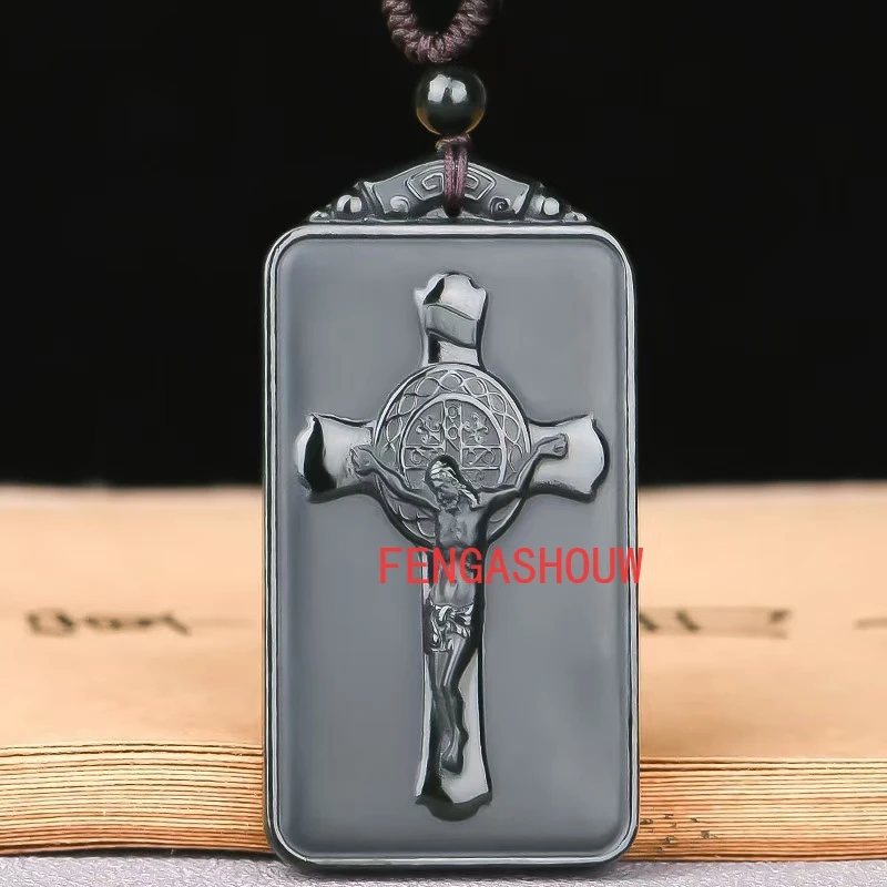 Hot Selling Natural Jade Cyan Cross Jesus Pendant Charm Jewellery Hand-Carved Necklace for Women Men Fashion Accessies