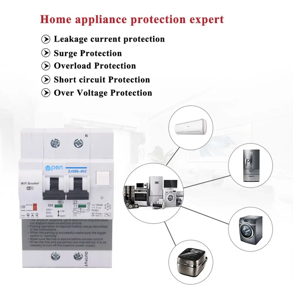 Imagem -02 - Disjuntor Rcbo com Monitoramento de Energia 2p Controle Remoto Wi-fi Compatível com Alexa e Google Home para Casa Inteligente