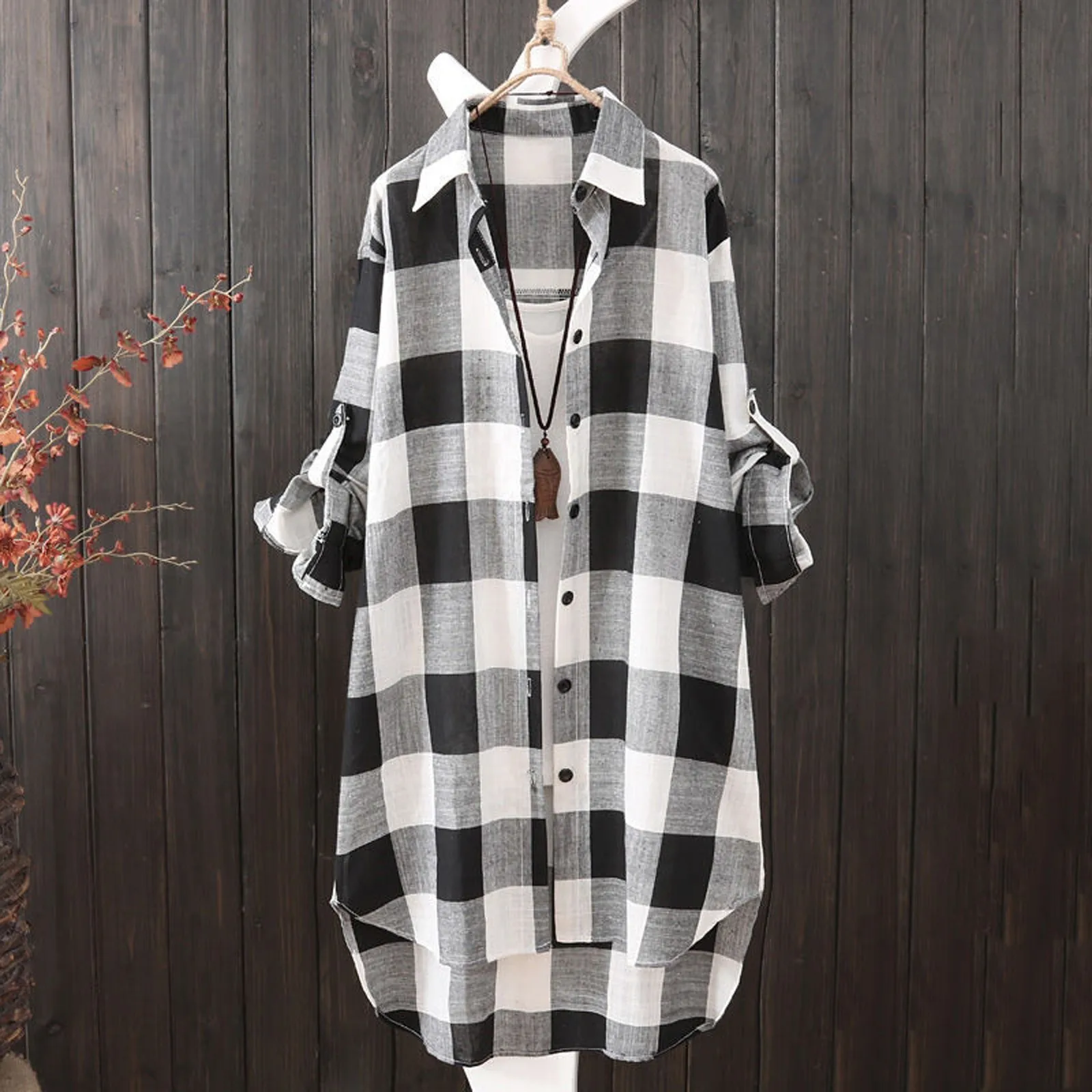 Women Casual Plaid Cotton Shirt Fashion oversized Loose Button Outdoorwear Tunic Shirt Blouse Female Long sleeve Beach Sun Tops