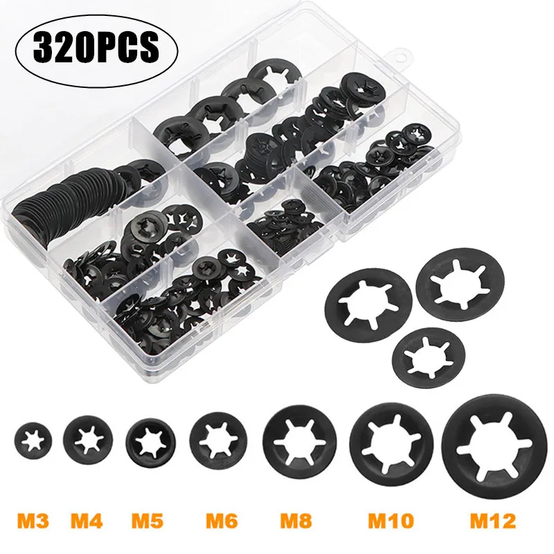 320PCS M3-M12 Tooth Starlock Push On Locking Washers Speed Clips Fasteners Assortment Kit Quick Speed Locking Washers