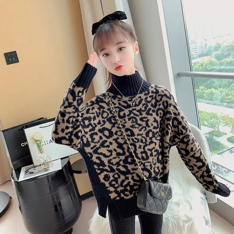 Baby Girls Leopard Print Turtleneck Sweater New Autumn Winter Korean Style Loose Kintwear Clothes Top for Kids 6 8 10 12 13Years