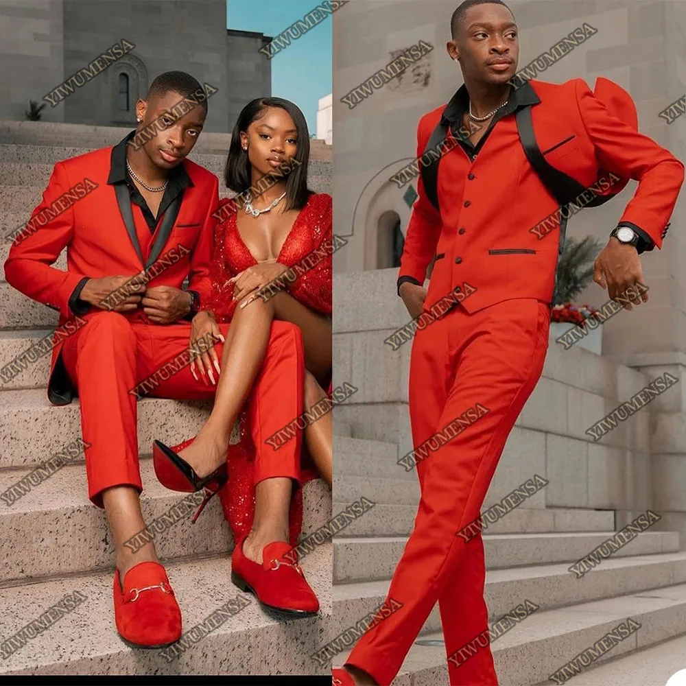 

Gorgeous Red Mens Suits With Black Lapel Jacket+Vest+Pants 3 Pieces Party Costume Slim Fit Groom Wear Blazer Wedding Tuxedos