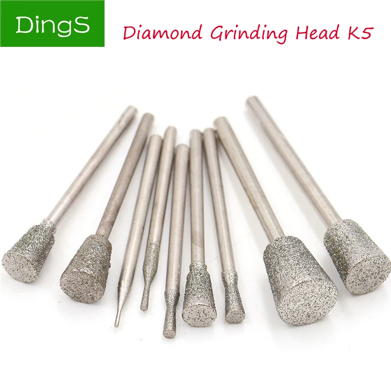 5 Stks/set 2.35Mm Shank Diamant Slijpen Naald Hoofd Gecoat Gemonteerd Bit Cutter Jade Carve Gereedschap Graveren Rotary Burr Dremel tool