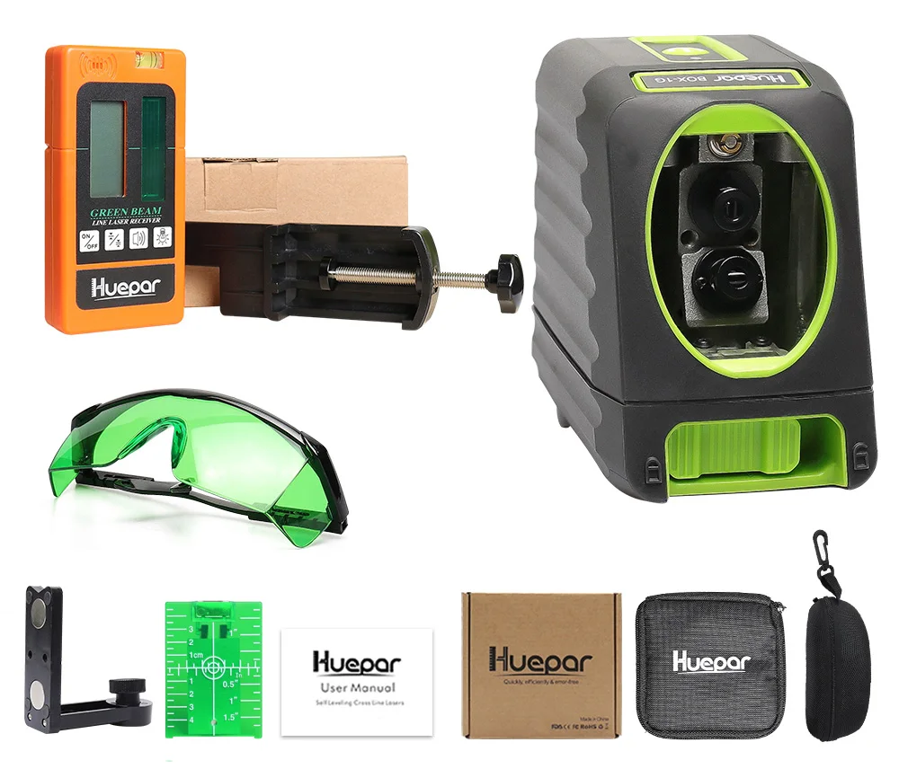 

Huepar Self-leveling Green Beam Cross Line Laser Level+Huepar Digital LCD Laser Receiver+Huepar Safety Laser Enhancement Glasses