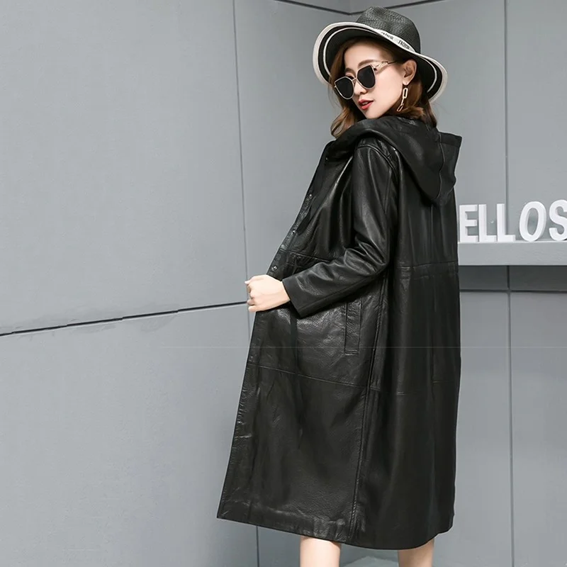 Fashion 2022 Women Black Real Lambskin Pebbled-Leather Long Trench Coat Hooded Drawstring Outwear Windbreaker Casaco Feminino