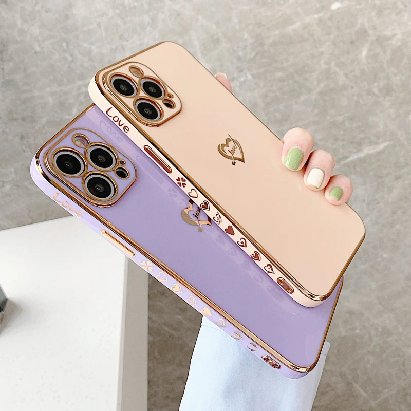 Luxury Plating Cute Love Heart Silicone Case For iPhone 13 12 11 Pro Xs Max Mini SE X XR 7 8 Plus Camera Protect Back Soft Cover