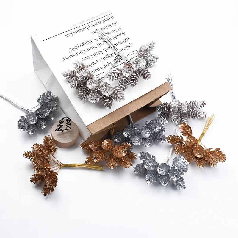 10 Pcs Golden Silver Pine Cone Christmas Decorations for Home Wedding Bridal Accessories Clearance Diy Gift Box Artificial Plant
