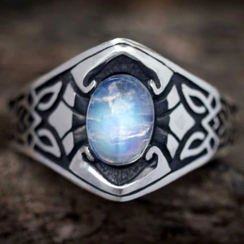 New Vintage Silver Color Carving Pattern Nordic Celtic Rings Imitation Moonstone Ring For Women Retro Fashion Party Jewelry