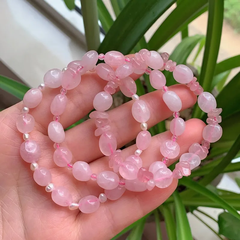 Natural Crystal Bracelets for Women Real Small Pearl Charm Irregular Nuggets Gravel Chips Stone Strand Rose Pink Quartz Bracelet