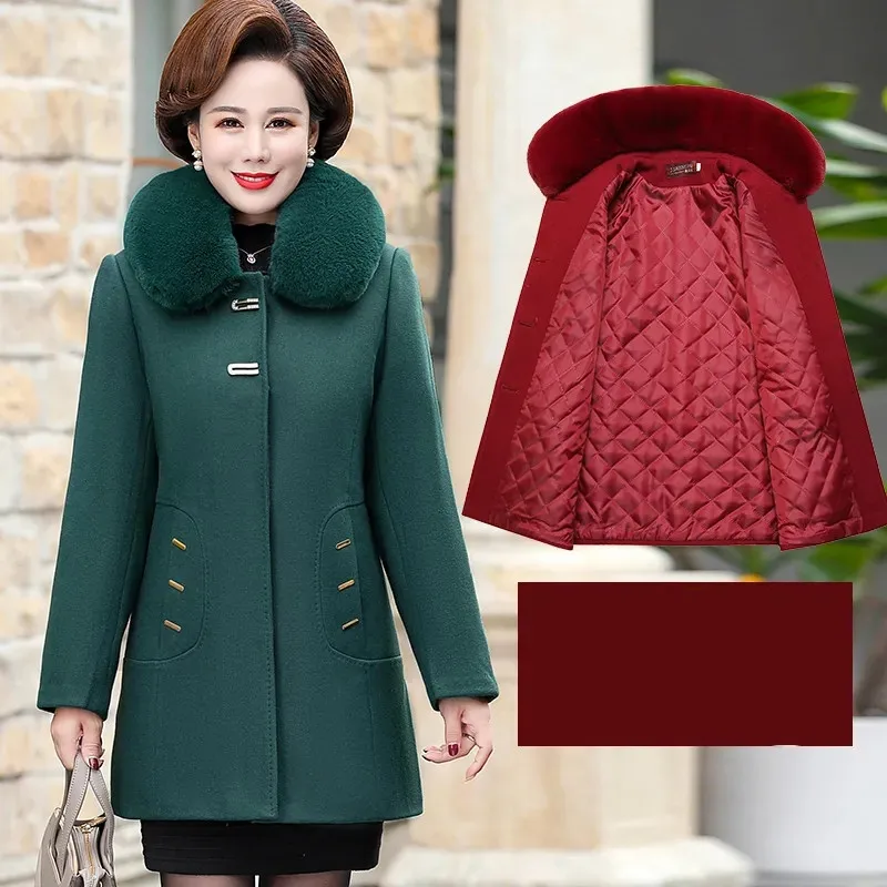 Winter Woolen Coat Mid-Length Thickened With Cotton Western-Style Middle-Aged Elderly Women Autumn Winter Woolen Jacket M327