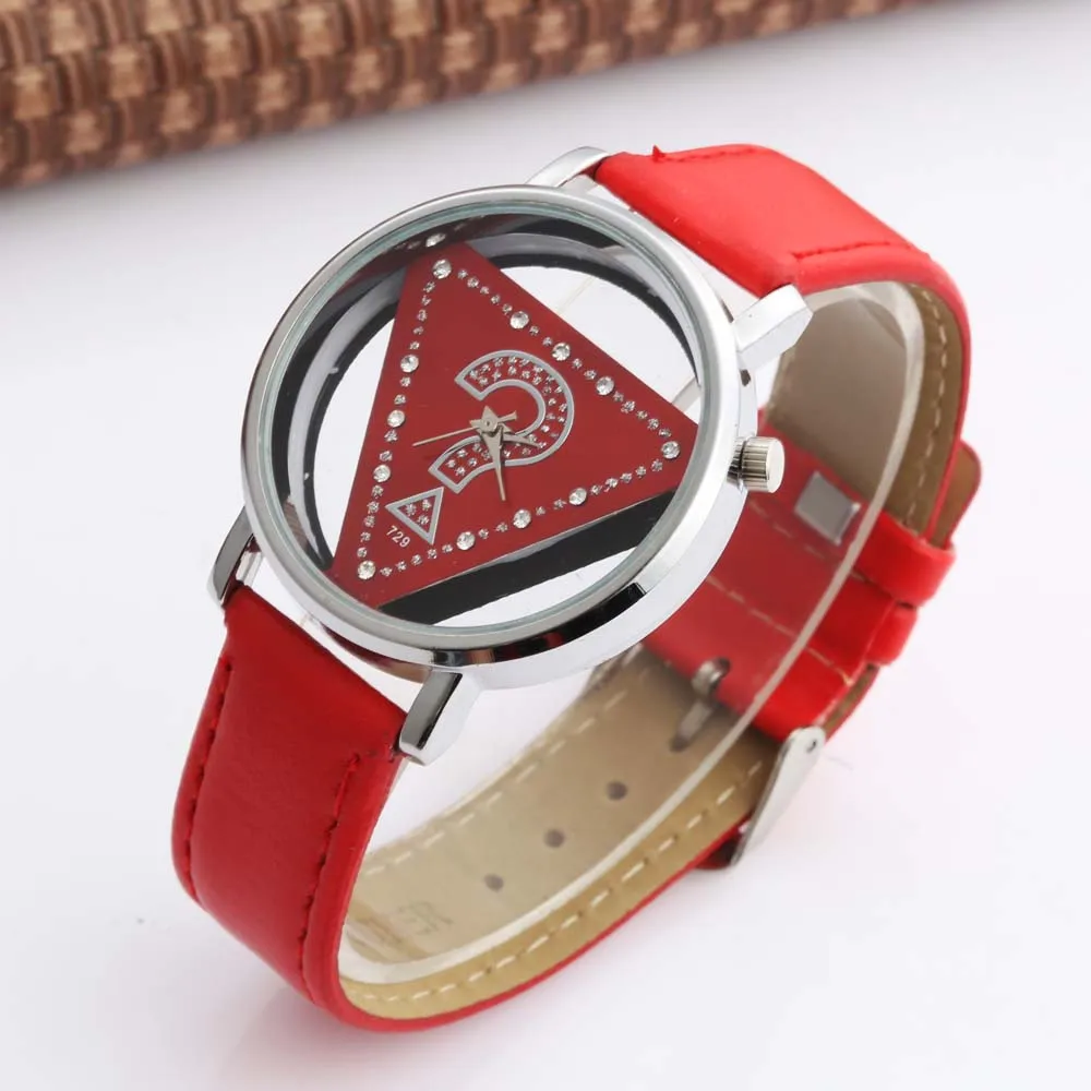 Womage-relojes triangulares de cuero para mujer, pulsera de cuarzo transparente, a la moda