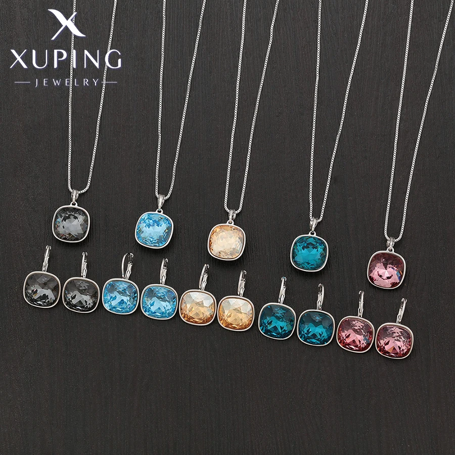 Xuping Jewelry Charm Trendy Square Shaped Crystal Jewelry Set Rodium Color Earring Necklace Set for Women Girl Gift 60090