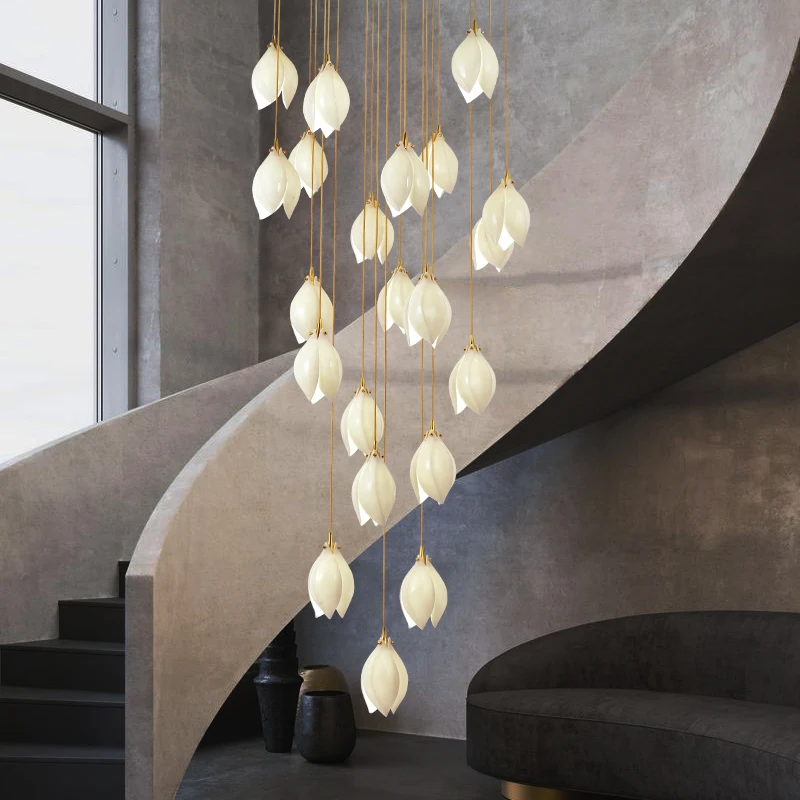 Modern ceramic white magnolia staircase pendant lamp designer hotel lobby restaurant villa  attic long pendant lamp