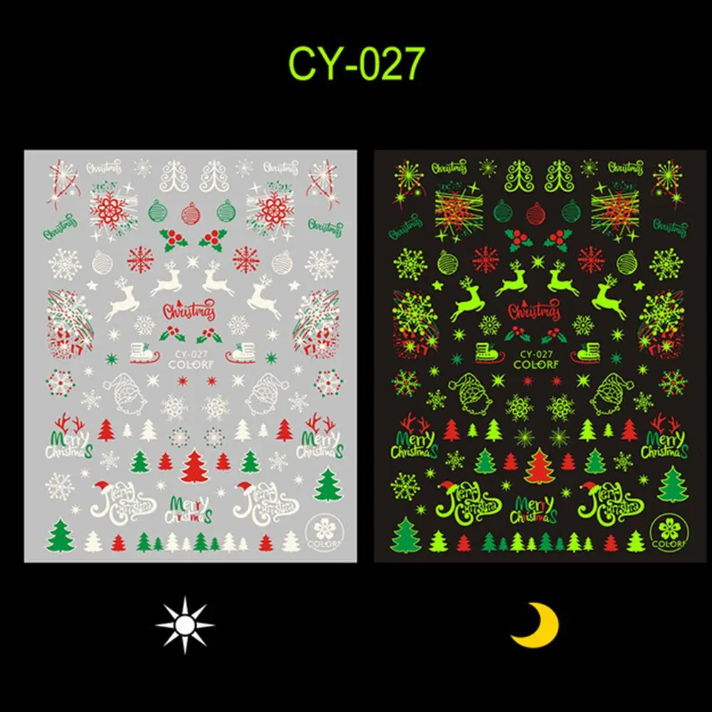 Manicure Santa Claus Glow in the Dark Christmas Nails Stickers Luminous Nail Stickers Fluorescent Nail Decals DIY Nail Decor