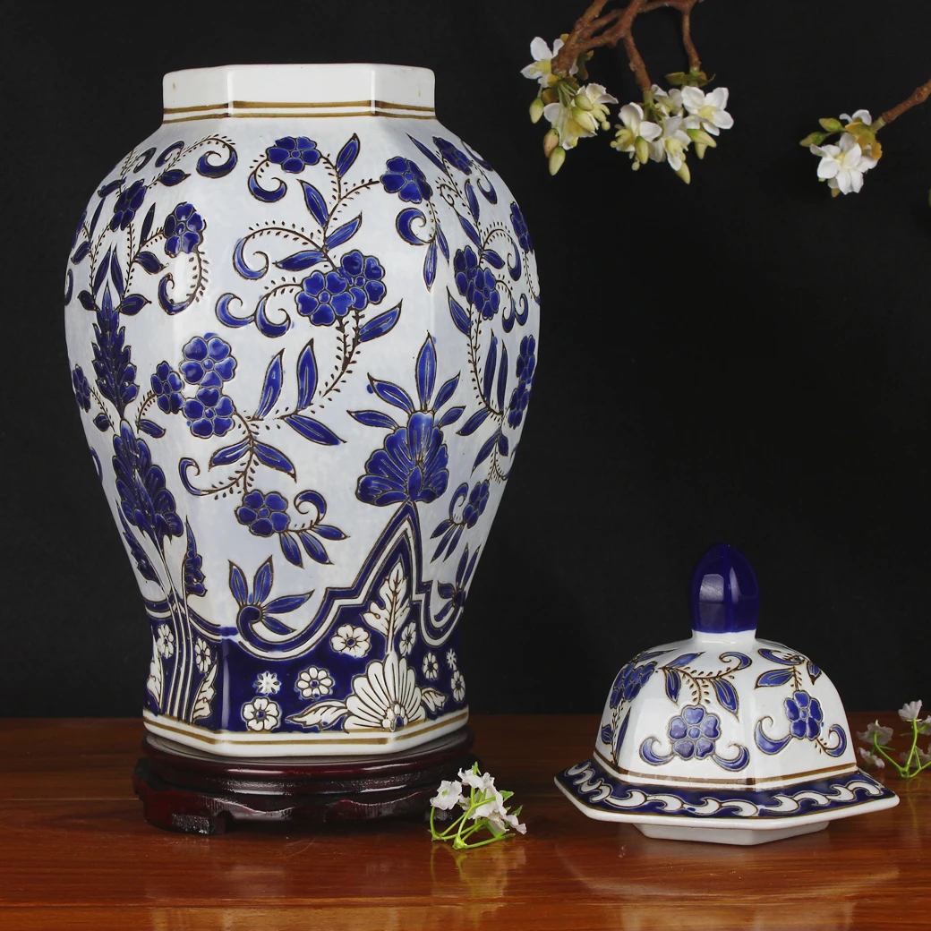 Jingdezhen Porcelain Vase Handmade Blue And White Carvings Hexagonal ceramic Ginger jar