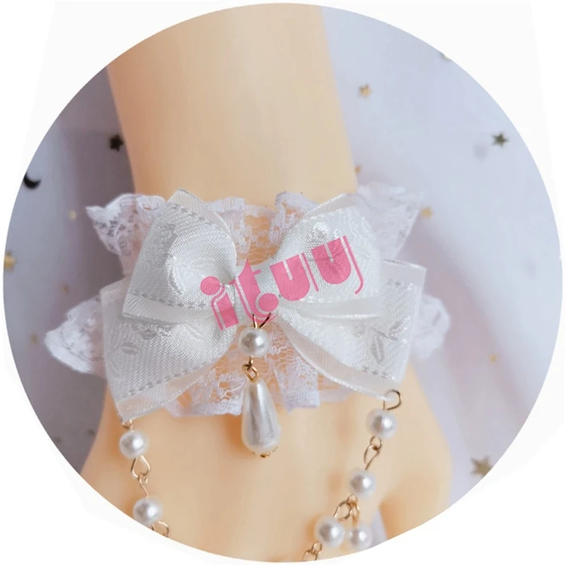 Kawaii Lolita KC Hand Hülse Armband Hand Handfesseln Bowknot Spitze Trim Maid Cosplay Zubehör Mädchen Braut Ornamente