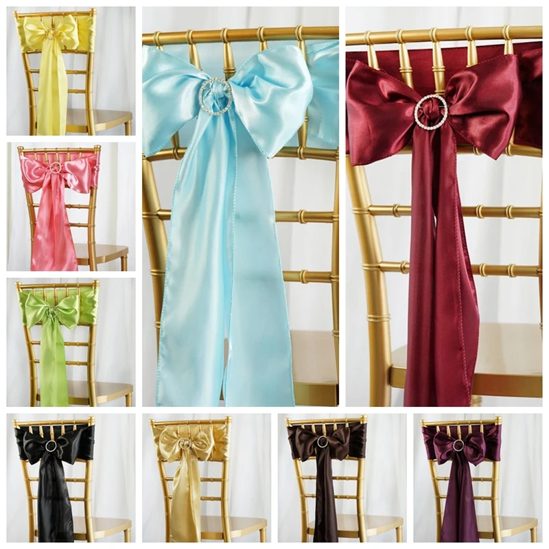 15*275cm Satin Bow Tie Chair Sash Band For Hotel Banquet Wedding Party Decoration Red/Blue/Yellow Multi Color