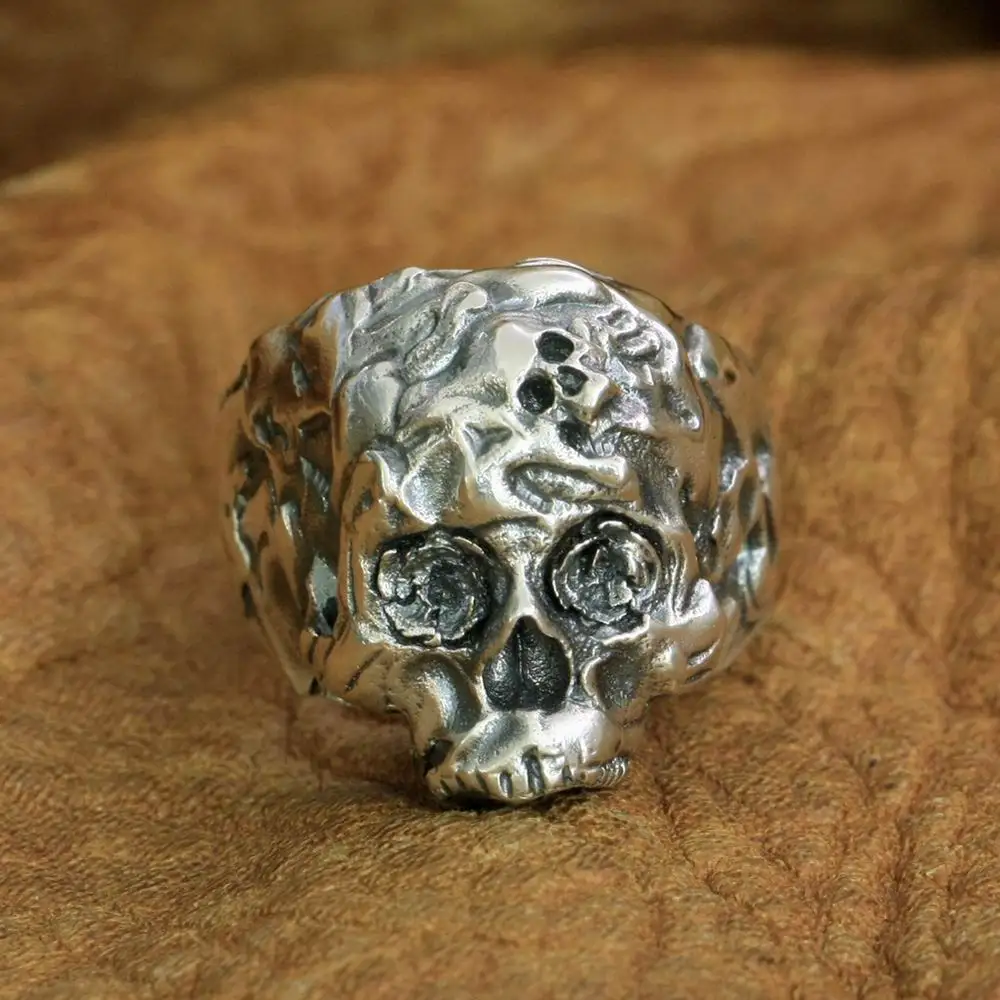 925 Sterling Silver Rose Skull Ring Mens Biker Rock Punk Ring TA280 US Size 7~15