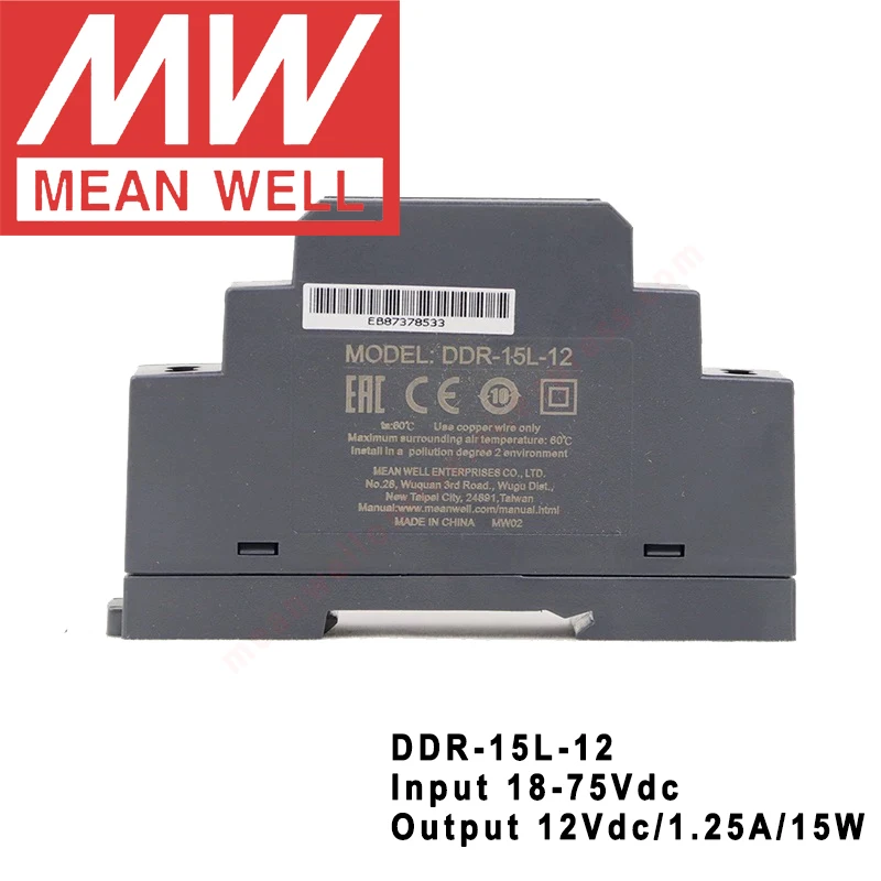 

Original Mean Well DDR-15L-12 Din Rail Type DC-DC Converter meanwell 12V/1.25A/15W DC to DC Power Supply 18-75Vdc input