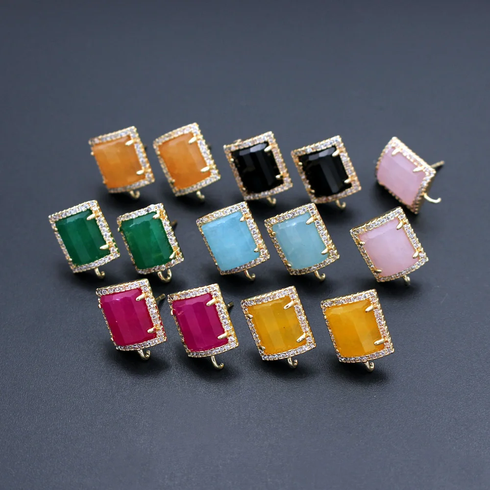 

6pair Gold Plated CZ Rectangle Stud Earring Post Open Loop Connectors Linkers Blue Green Stone Earrings for Women DIY Making