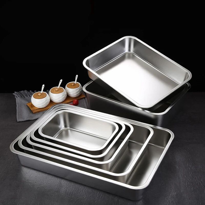 Stainless Steel Rectangle Deepen Storage Tray Dinner Plate Oven Cake Baking Pan Bread Bakeware Food Container Kitchen Accessorie