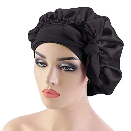 Cappellino in raso a fascia larga da 2 pezzi, cuffie per donna, cofano setoso per capelli ricci, fascia per capelli da donna per dormire (nero)