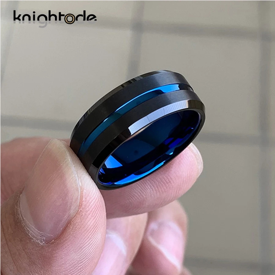 8mm Blue Wedding Ring Men Women Black Tungsten Carbide Engagement Rings Satin Grooved Beveled Comfort Fit