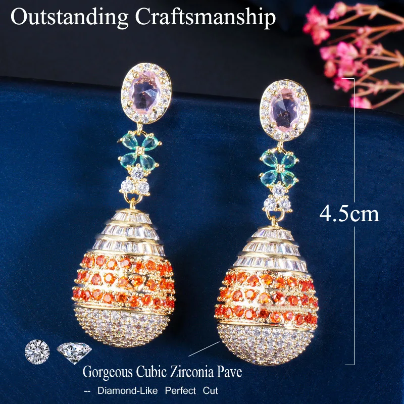 CWWZircons Gorgeous Luxury Light Red Cubic Zirconia Stone Round Dangle Drop Long Leaf Earrings for Wedding Bridal Jewelry CZ756