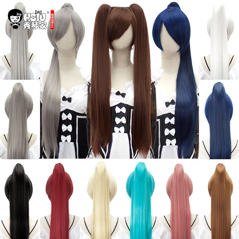 HSIU 80Cm długa prosta spinka do kucyka peruka do cosplay wysokiej temperatury włókno syntetyczne peruki Anime Party kucyk peruki na przyjęcie 14 kolorów