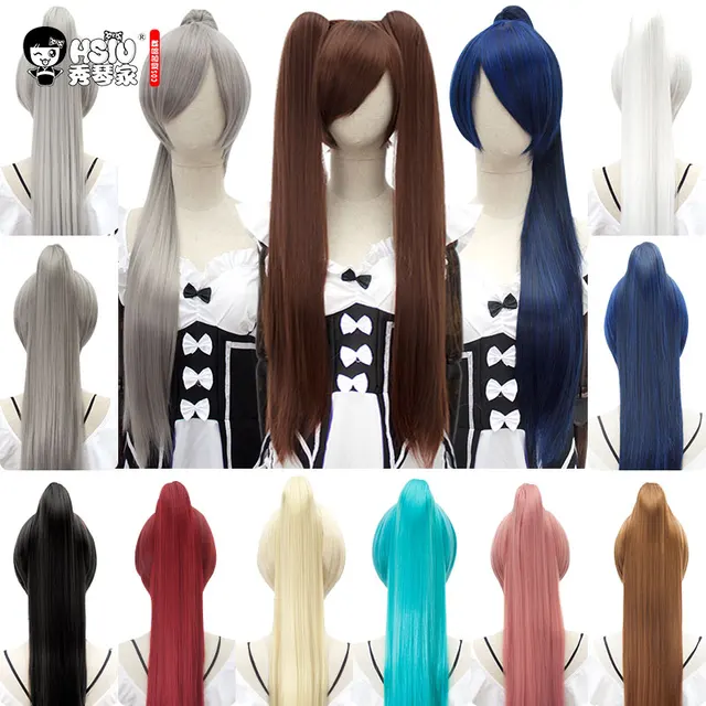 HSIU 80Cm długa prosta spinka do kucyka peruka do cosplay wysokiej temperatury włókno syntetyczne peruki Anime Party kucyk peruki na przyjęcie 14 kolorów
