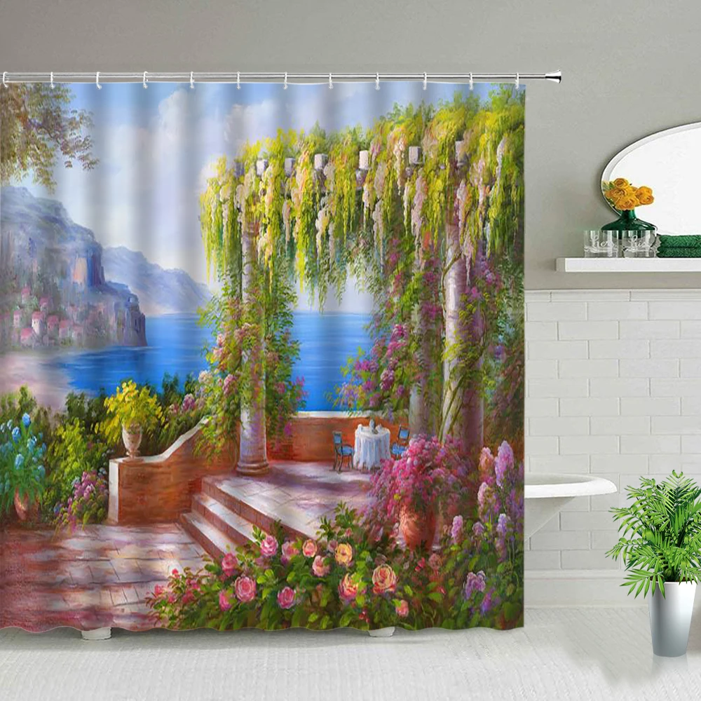 Oil Painting Scenery Shower Curtains Flowers Plant Swan Spring Landscape Bath Curtain Waterproof Bathroom Decor Polyester Cloth