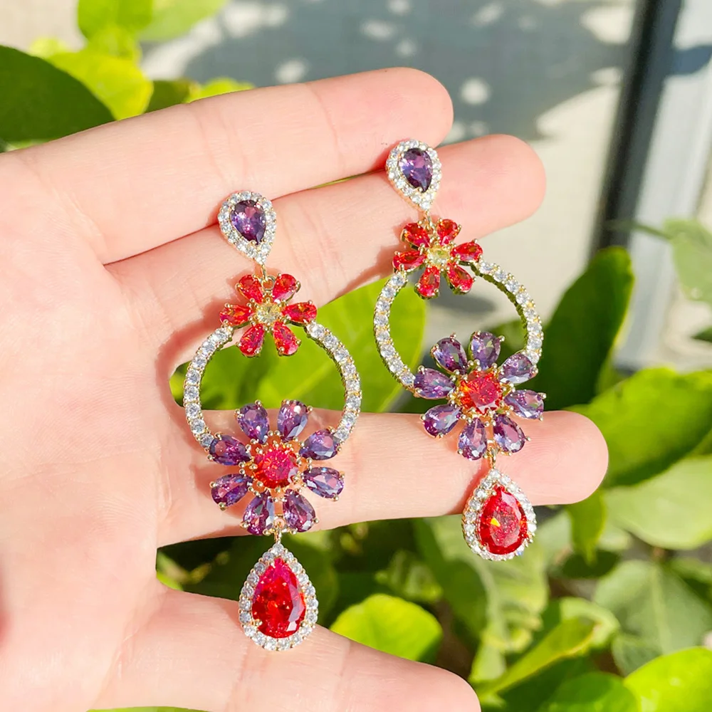 

Pera Wonderful Long Dangle Circle Flower Drop Earrings Yellow Gold Color Purple Red CZ Stone for Bridesmaid Party Jewelry E878