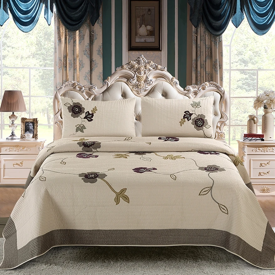 Khaki Pastoral Embroidery American European Cotton Bedspread BedCover Coverlets 3pcs Sets King Size Patchwork Quilted QuiltCover