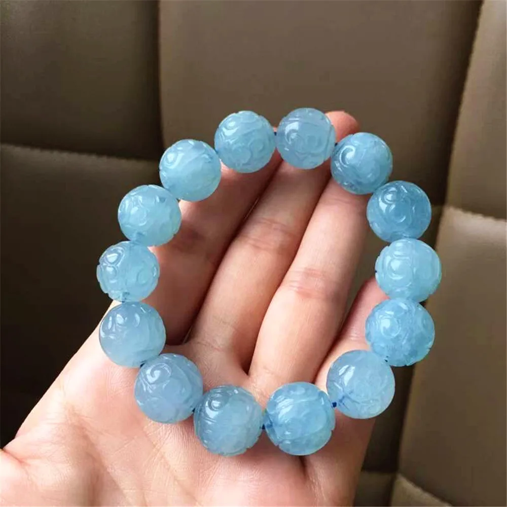 

14mm Natural Ocean Blue Aquamarine Bracelet For Women Lady Man Clear Crystal Loose Round Beads Gemstone Stretch Jewelry AAAAA