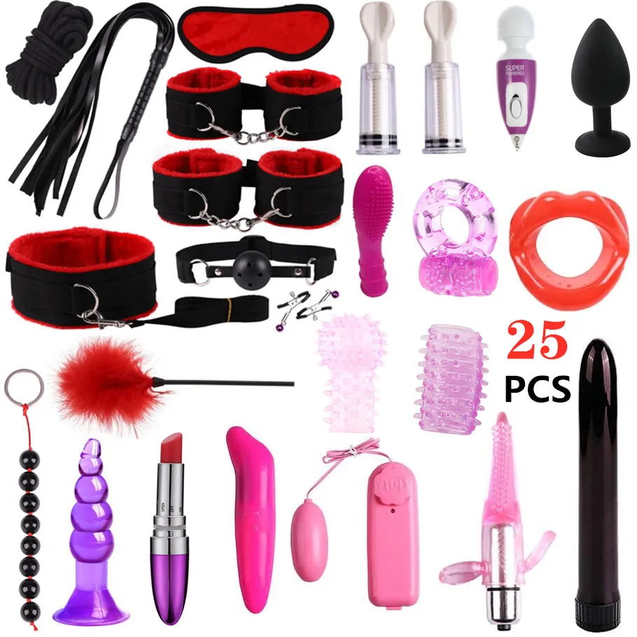 25pcs Anal plug Vibrator Adult Products Fun Bed Restraint Bondage Handcuffs Blindfold Whip Play Sex Toys Couples Game Bdsm Kit