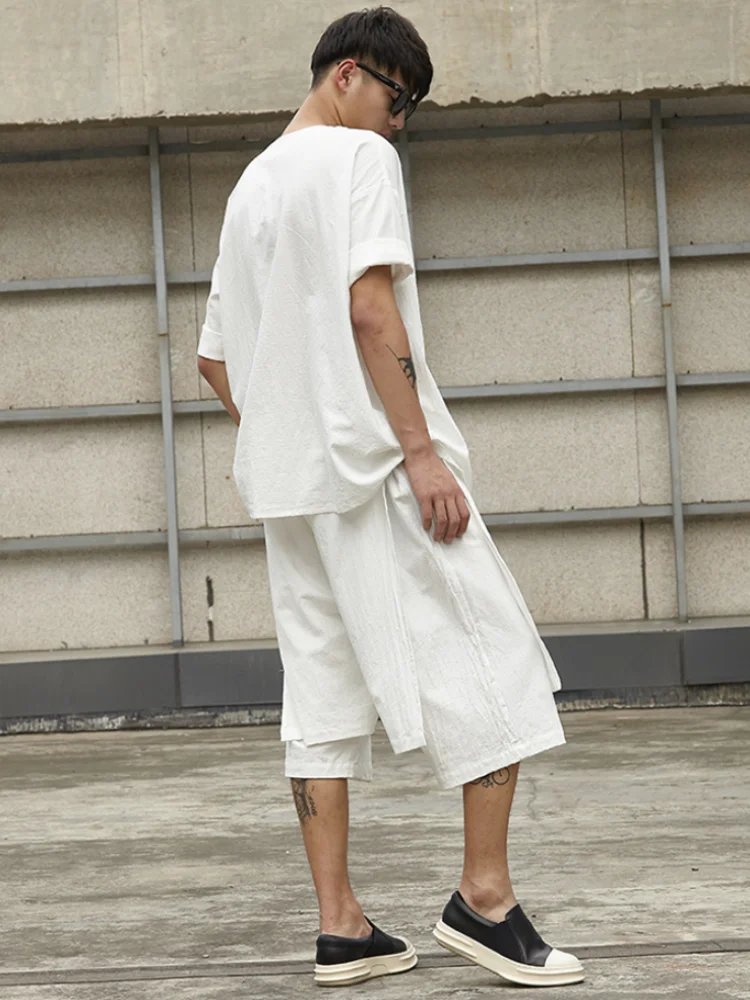 Men's new suit cotton and linen casual pants loose Japanese summer retro leisure large linen short sleeves short style
