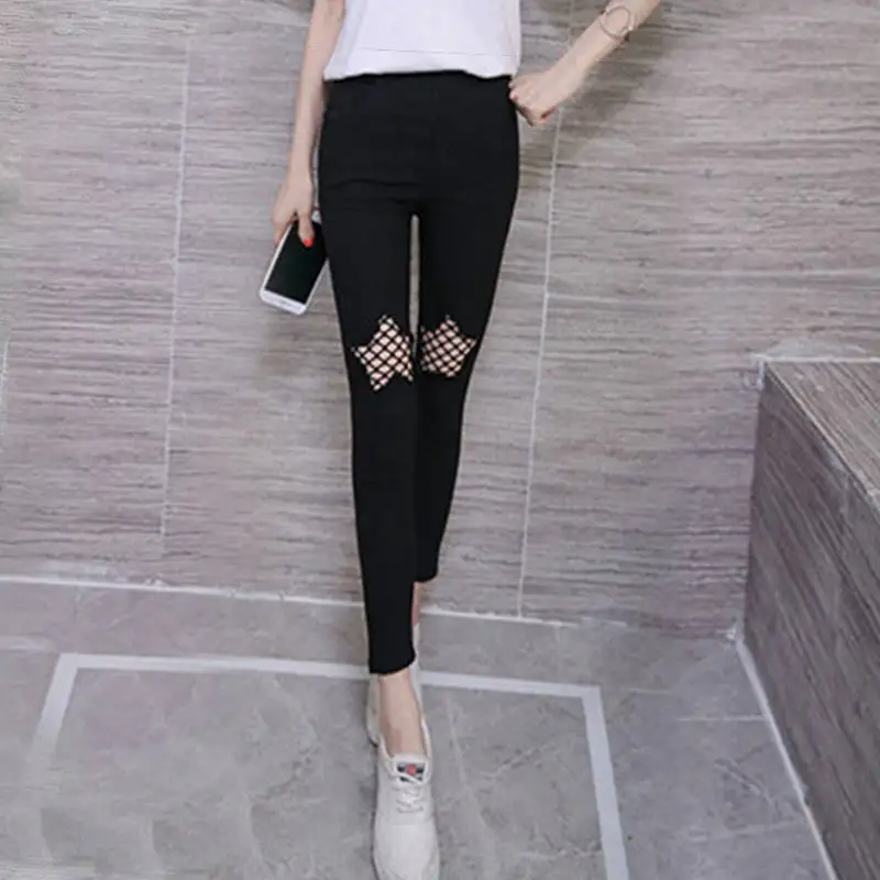 2021 Thin Ripped Pencil Pants Women's Fishnet Beggar Black Leggings Outer Wear Students Elastic Slimming Cropped Skinny Trousers