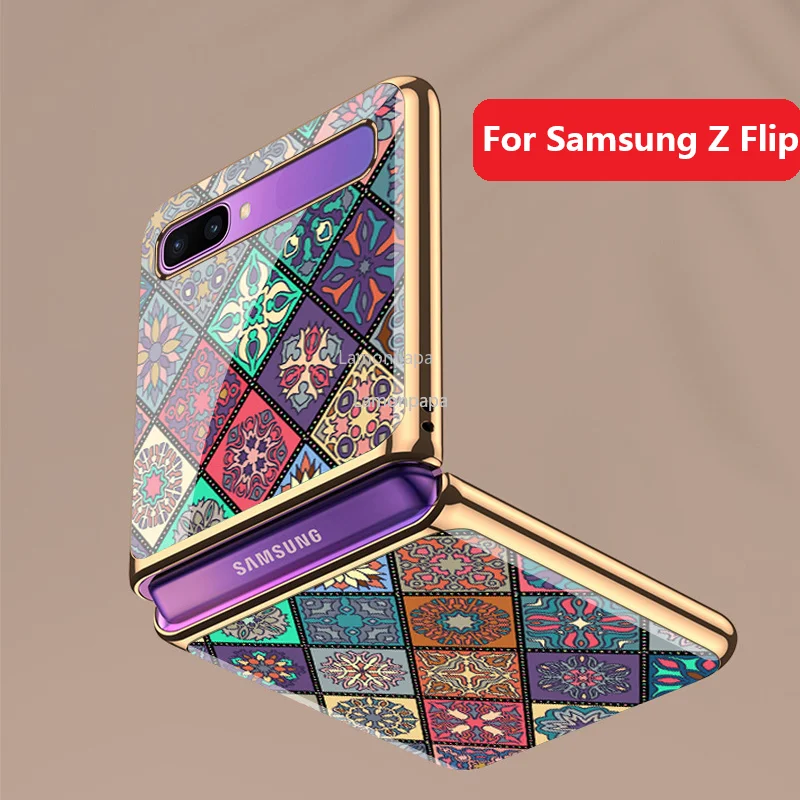 Retro Folk-custom Tempered Glass Case for Samsung Z Flip 5G Cover Luxury All-inclusive Shockproof Shell for Samsung Z Flip Case