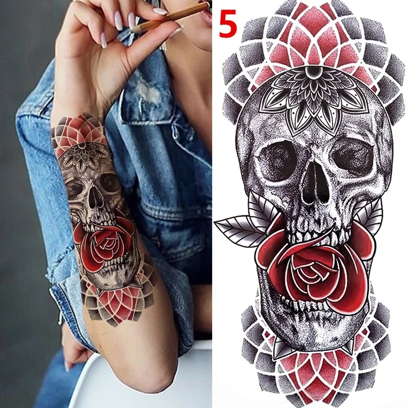 1PC Black Forest Tattoo Sticker For Men Women Tiger Wolf Death Skull Temporary  Fake Henna Skeleton King Animal Tatoo