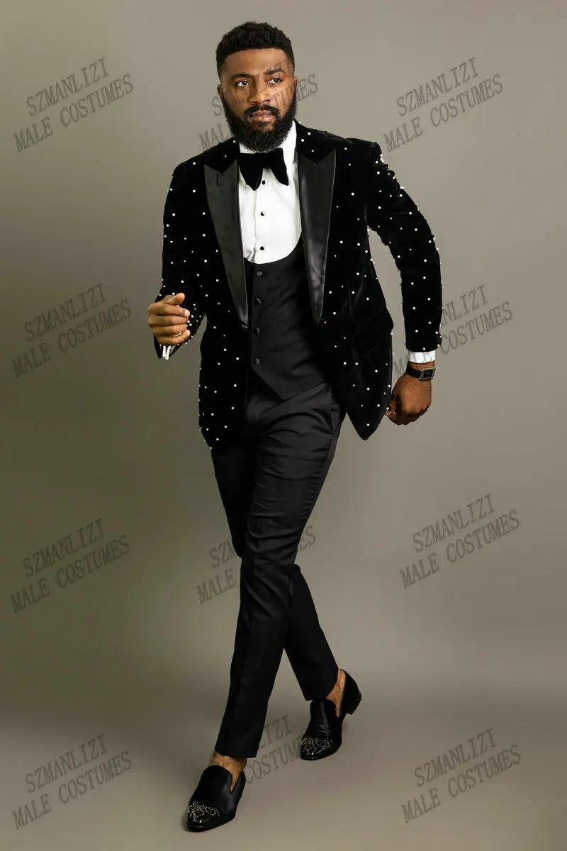 Costume en velours noir avec perles de cristal pour hommes, smokings de marié, coupe couvertes, blazer de fête, 3 pièces, 2024