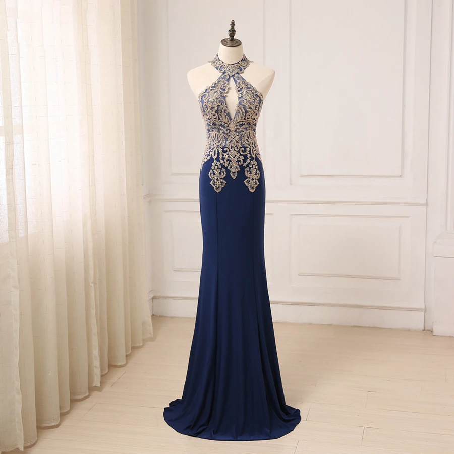 

Jiayigong Sexy Halter Evening Dresses Shinny Gold Applique Mermaid Formal Party Gowns Vestidos de Fiesta