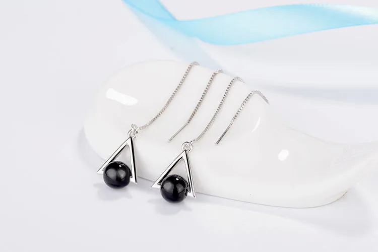 Beautiful Triangle Geometric 925 Sterling Silver Jewelry Long Exaggerated Natural Black Crystal Tassel Dangle Earrings For Women