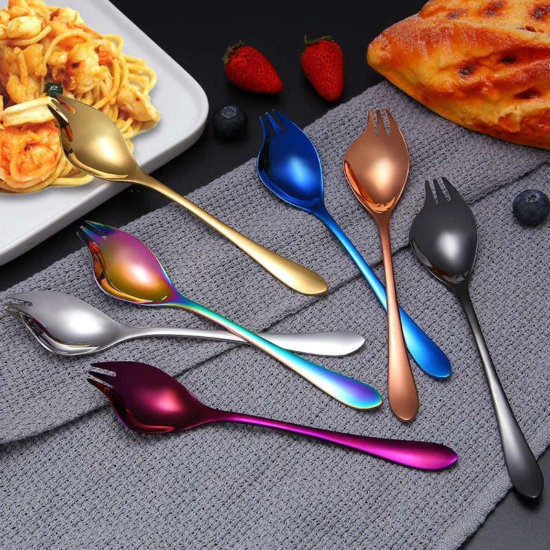 2 In 1 304 Stainless Steel Fruit Salad Fork Spoon Long Handle Portable Tableware Multifunctional Scoop Kitchen Accessories