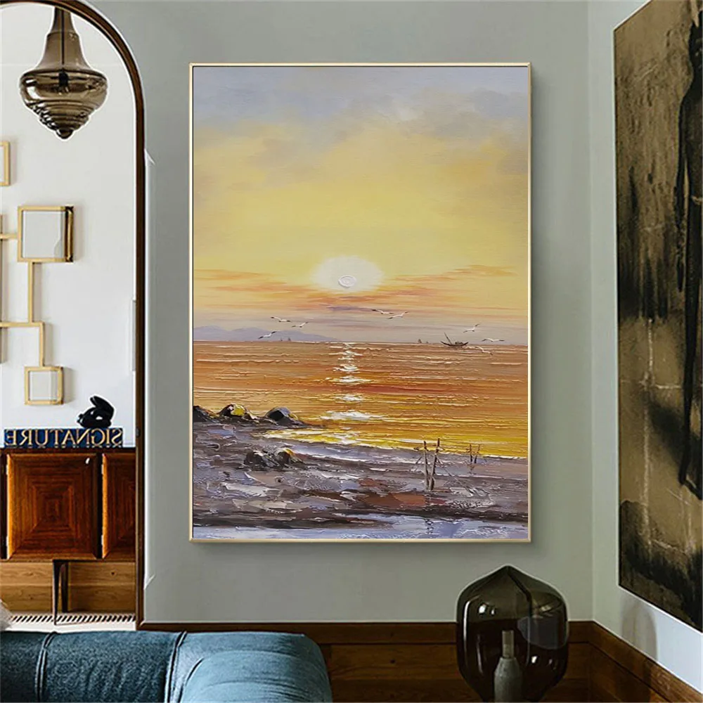 Hand-Painted Oil Painting Modern Abstract Art Sea Sunrise Seagull Sailboat Canvas Paintings Living Room Decoration Mural Picture