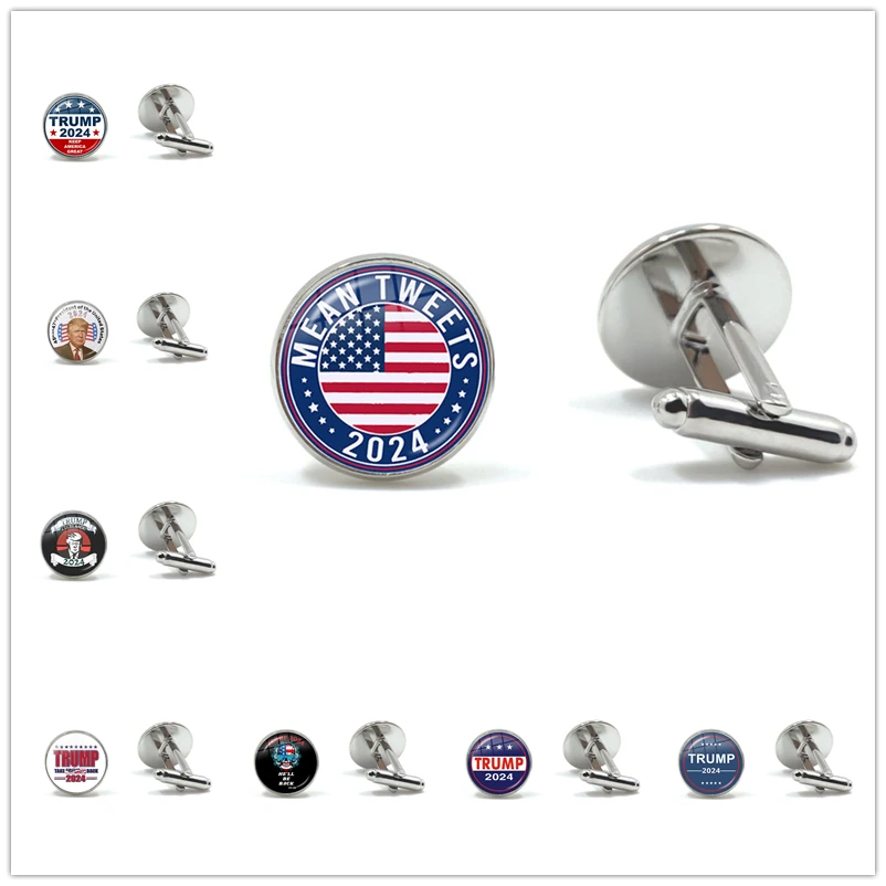 Trump 2024 Flag Creative Print He will Be Back for President USA Statement Glass Dome Cuff Button Cufflinks Jewelry Gift