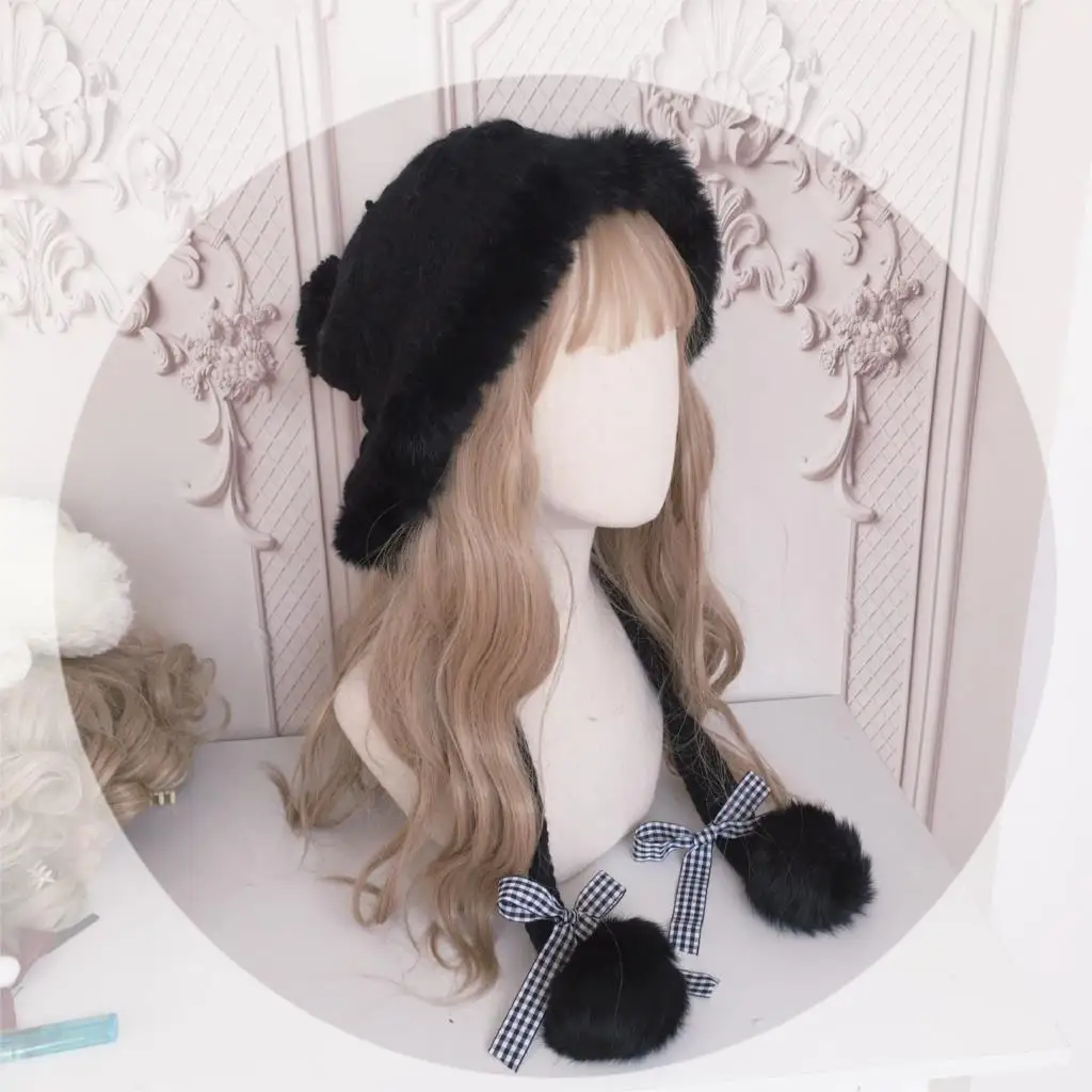 Lolita element autumn and winter warm rabbit fur ear protection hat knitted wool hat cute fur ball