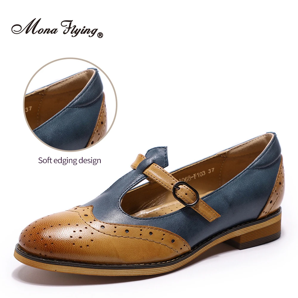 Mona Flying Women Genuine Leather Mary Jane Flat Casual Shoes Loafers Shoes with Buckle Ladies Shoes Elegant Low Heel A068-F103