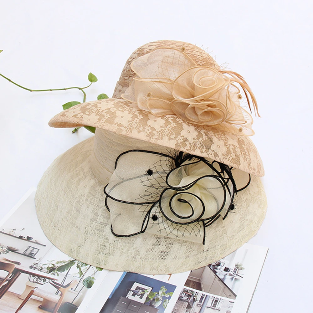 FS Summer Beige Lace Fascinator Hats Wide Brim Party Church Hat For Women Elegant Wedding Fedora Ladies Kentucky Derby Cap 2024