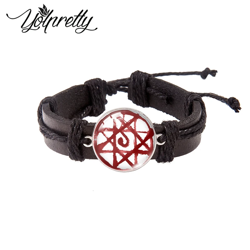 Fullmetal Alchemist Lace-up Leather Bracelet Glass Cabochon Charm Pendants Jewelry for men