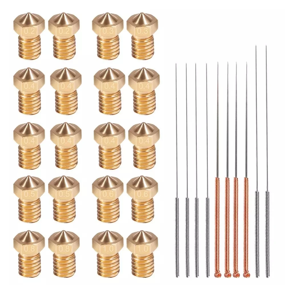 Printer 20 PCS M6 3D Nozzles with 10PCS Cleaning Needles Kit, V6 V5 Brass Exruder Nozzle Print Head for E3D Makerbot